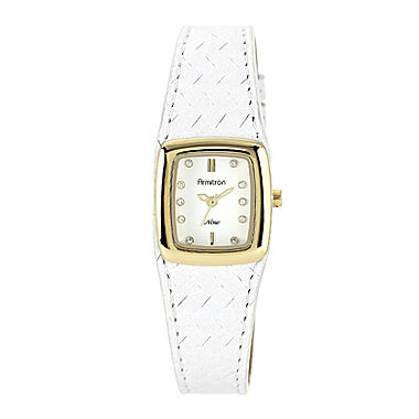 Armitron Now Womens Crystal-Accent White Leather Strap Watch